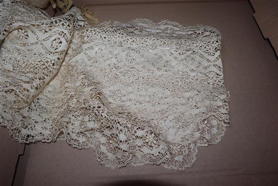 A large Maltese silk shawl, similar stole and collar and three lengths of Brussels point de gaze